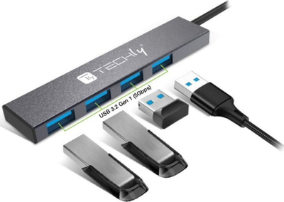 Hub USB Techly IUSB32-HUB4A-4U3SL, 4 porta USB 3.2, 5 Gbps, gri