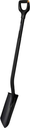 Lopatë kopshti Fiskars Ergonomic Pro Drainage, teh i ngushtë i gjatë, dorezë D, e zezë
