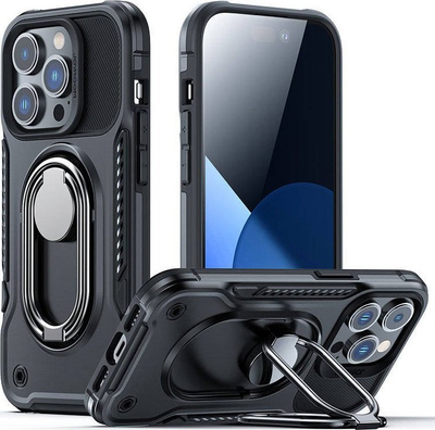 Maskë mbrojtëse Joyroom Dual Hinge për iPhone 14 Pro, unazë rrotulluese, mbrojtje e fortë, e zezë