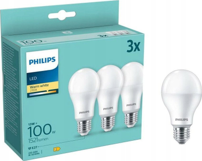 Llambë LED Philips E27, 100W ekuivalente, 2700K, e bardhë, set 3 copë