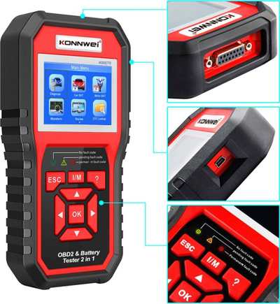 Skaner OBD2 dhe tester baterie Konnwei KW870, 6–12V, ekran 2.4", i zi