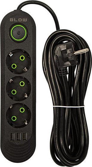 Zgjatës elektrik Blow PS-350, 3 priza 3x USB, 5m, i zi