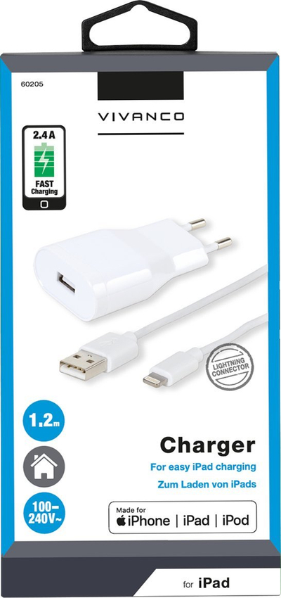 Karikues USB Vivanco T-PO AC MFI LT2, 12W, me kabllo Lightning 1.2m, i bardhë