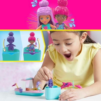 Set lojrash Mattel MEGA Barbie Color Reveal Dolphin Exploration, efekt ndërrimi ngjyre, me delfinë, shumëngjyrësh