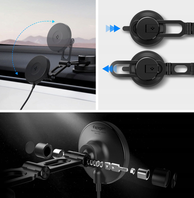 Mbajtëse makine me karikim wireless Spigen OneTap Pro 4 MagSafe, për pult edhe xham, e zezë
