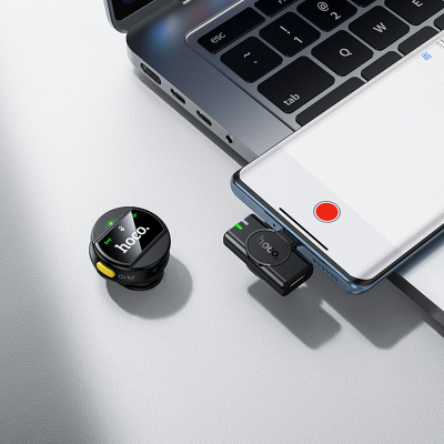 Mikrofon wireless HOCO USB C Round, lavalier me kapse, me ulje zhurme, i zi