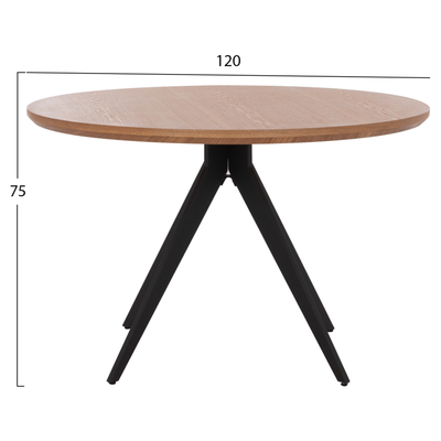 Tavolinë ngrënieje e rrumbullakët HM9307.01, veneer lisi, 120x75 cm, kornizë metalike e zezë
