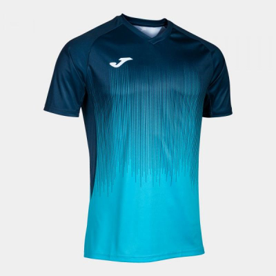 Bluza sportive Errea Tiger IV, me mëngë t’shkurtëra, jakë V, turquoise fluo dhe blu navy