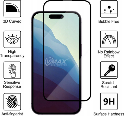 Xham mbrojtës Vmax Tempered Glass 9D për iPhone 16 Plus 15 Plus 6.7", 9H, kornizë e zezë