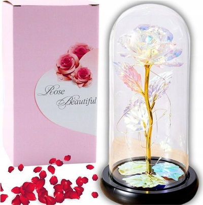 Trëndafil dekorativ Eternal Rose in Dome, kristal, drita LED shumëngjyrëshe, transparent