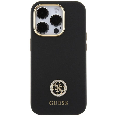 Kapak telefoni Guess Liquid Silicone 4G, për iPhone 15 Pro Max, me logo metalike, i zi