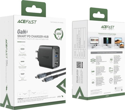 Полнач Acefast 2-в-1 GaN, 65W, USB A и USB C, сив