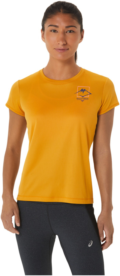 Bluzë sportive ASICS Fujitrail Logo SS Top, poliestër, për femra, e verdhë