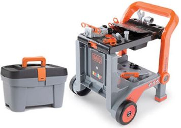 Punëtori loje Smoby Black and Decker Workmate, set veglash 3 në 1, me karrocë dhe kuti veglash, portokalli e zezë