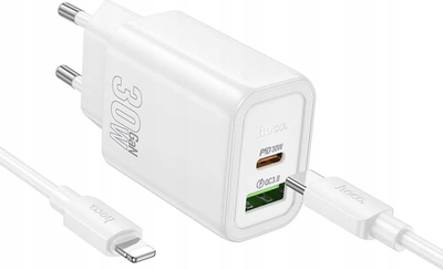 Karikues rrjeti Hoco N63, 2 porta USB A dhe USB C, PD QC 3.0 3A, me kabllo USB C në Lightning, i bardhë