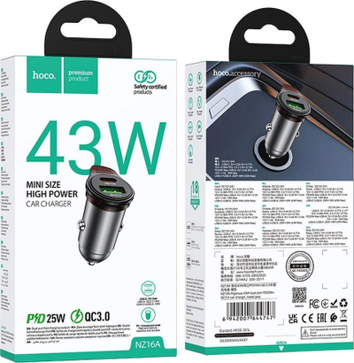 Karikues makine Hoco NZ16A, 43W, 2 porta USB A Type C me kabllo Type C në Lightning, gri