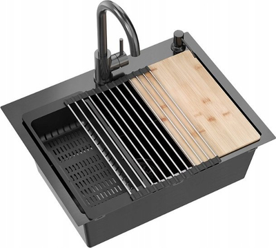 Lavaman kuzhine Deante Luke 110 Workstation, me një kazan, set me rubinet dhe aksesorë, i zi