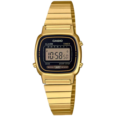 Orë digjitale dama Casio LA670WEGA-1EF, kronometër, rezistente ndaj ujit, ngjyrë ari