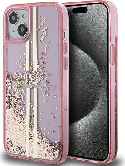 Futrollë Guess Liquid Glitter Gold Stripes për iPhone 15, Hardcase, rozë
