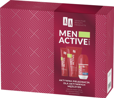 Set kozmetike për burra AA Men Active, krem fytyre SPF 30, xhel larje fytyre 3 në 1, antiperspirant, i kuq