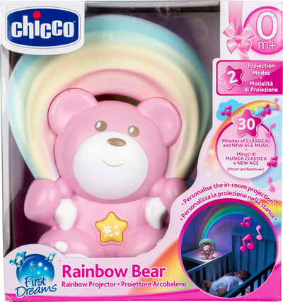 Lodër projektor për fëmijë Chicco Bear With Rainbow, me dritë ylberi, melodi relaksuese, rozë