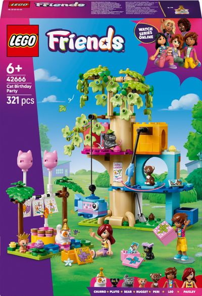 Set ndërtimi Cat Birthday Party &amp; Tree House, shpi në pemë, figura maceje, shumëngjyrësh
