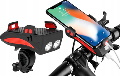 Lampë biçiklete 4 në 1, LED, mbajtëse telefoni, power bank, e zezë me të kuqe