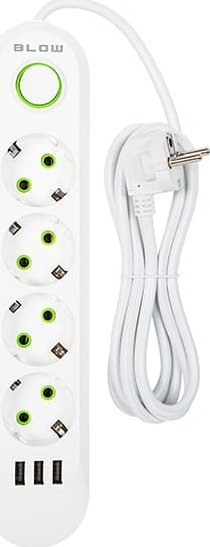 Shirit zgjatues Blow, 4 priza, 3x USB, 2m, i bardhë