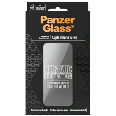 Xham mbrojtës PanzerGlass Ultra Wide Fit Ceramic, për iPhone 15 Pro, me transparencë të lartë, i tejdukshëm