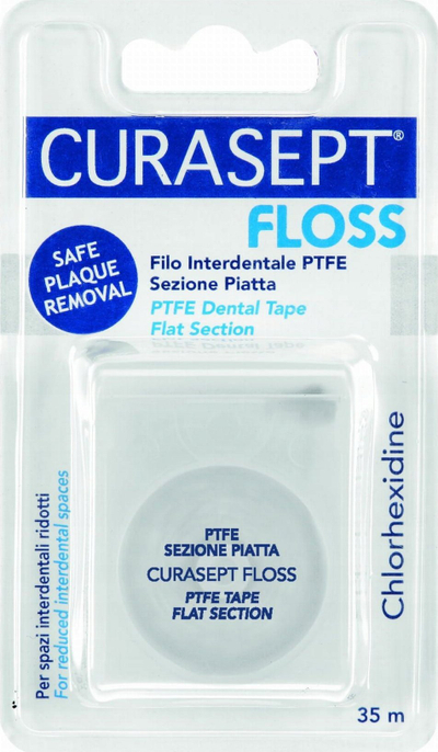 Забен конец Curasept Dental Tape PTFE, рамен пресек, површина Тефлон, 35 m