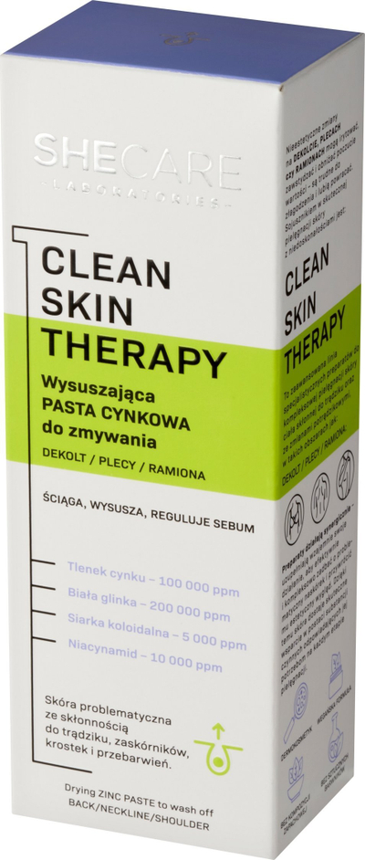 Pasta pastrimi për trupin Shecare Clean Skin Therapy, me zink që than, për akne në shpinë dhe dekolte, 90g