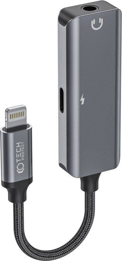 Adapter 2 në 1 Tech‑Protect UltraBoost, Lightning në 3.5mm edhe Lightning, gri