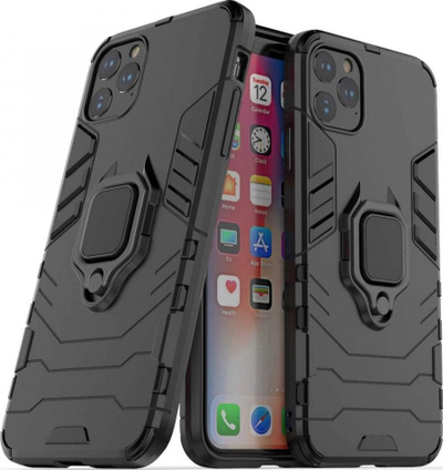 Mbajtëse telefoni për iPhone 12 / 12 Pro, me unazë-stand, kundra goditjeve, e zezë