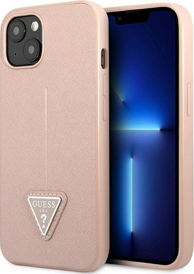 Mbrojtëse telefoni Guess Saffiano Triangle Logo për iPhone 14 Plus 6.7", kasë e fortë, rozë