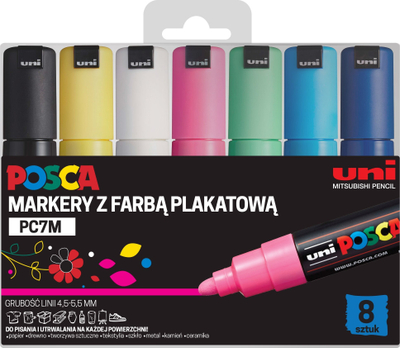 Set markera Uni Posca PC-7M, 8 ngjyra, majë e rrumbullakët, shumëngjyrësh