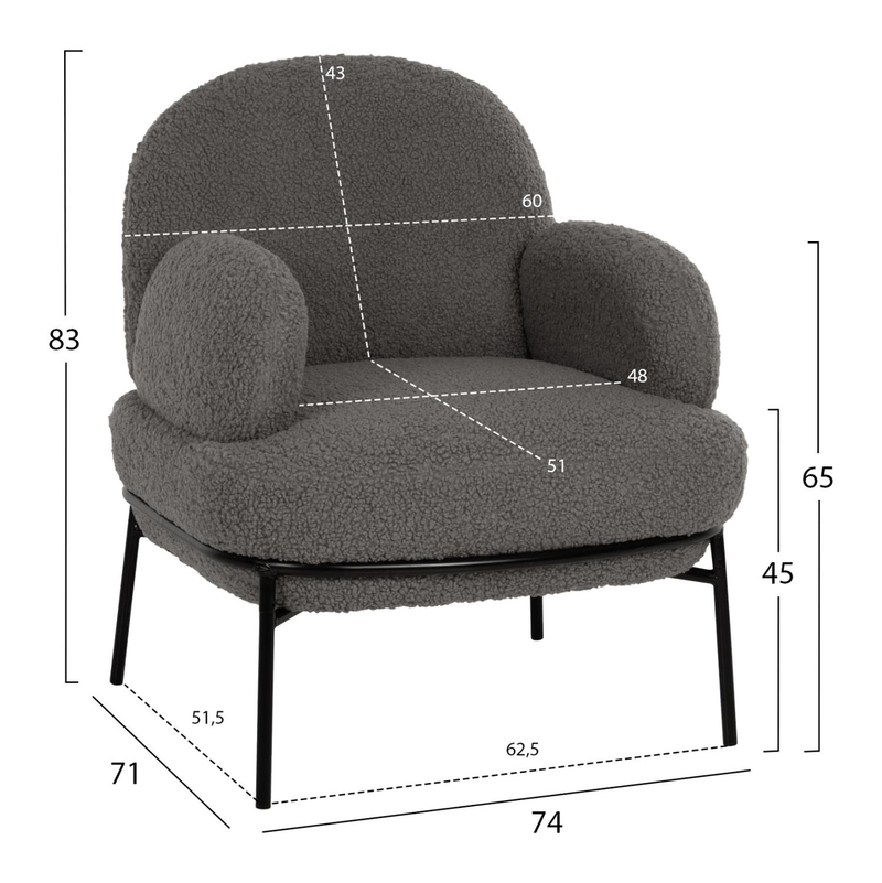 Kolltuk Agnes 74x71x83Hcm (HM9525.21), gri/ zezë