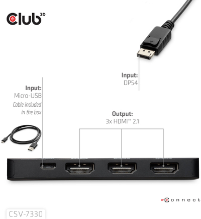 Adapter video Club 3D CSV-7300, DisplayPort në 3x HDMI, deri 8K, i zi