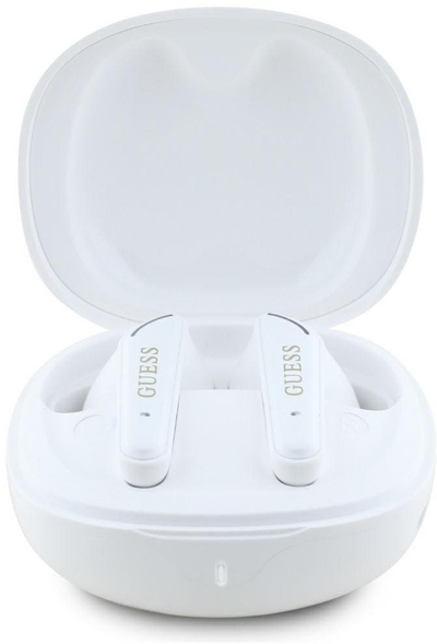 Безжични слушалки Guess Glossy Classic Logo TWS, Bluetooth 5.4, со кутија за полнење, бели