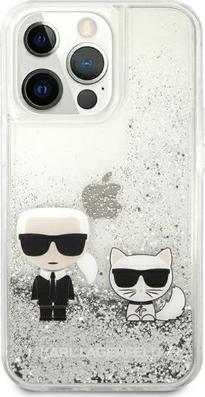 Kapak telefoni Karl Lagerfeld Liquid Glitter Karl and Choupette për iPhone 13 Pro Max, transparent, argjend