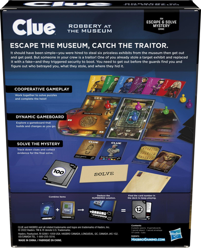 Lojë tavoline Hasbro Clue Robbery at the Museum, lojë mister bashkëpunuese, 1–6 lojtarë, shumëngjyrëshe