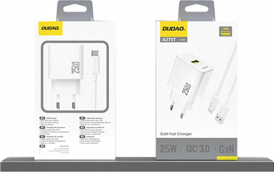 Полнач USB Dudao A27S, 25W GaN, Quick Charge 3.0, бел