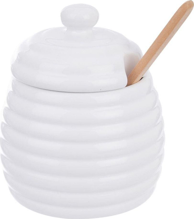 Enë porcelani për mjaltë me kapak dhe lugë, e bardhë
