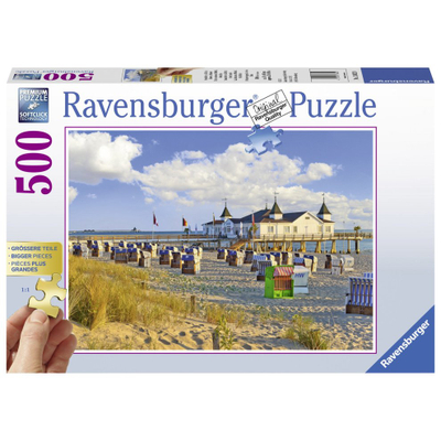 Puzzle Ravensburger Beach Chairs in Ahlbeck Baltic Sea, 500 copa, peizazh bregdetar, shumëngjyrësh