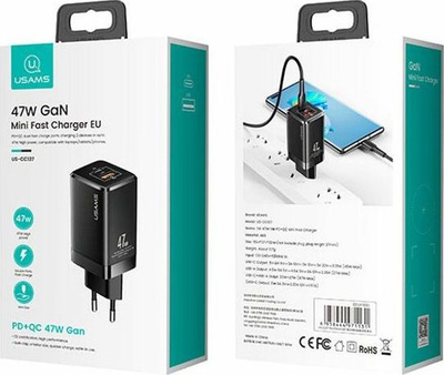 Karikues Usams T41 GaN, 47W, 1x USB A 1x USB C, i bardhë