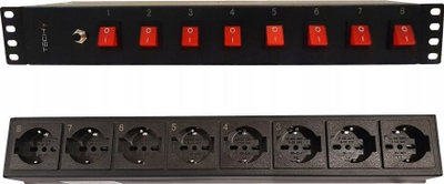 Shirit prizash rack Techly 367829, 8x prizë UNEL 16A, 1.5U, i zi