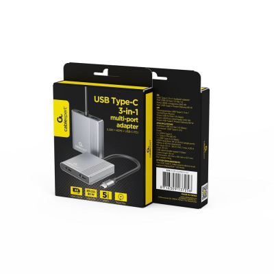 Adapter USB Type C Gembird 3 në 1, HDMI, USB 3.2, gri metalik