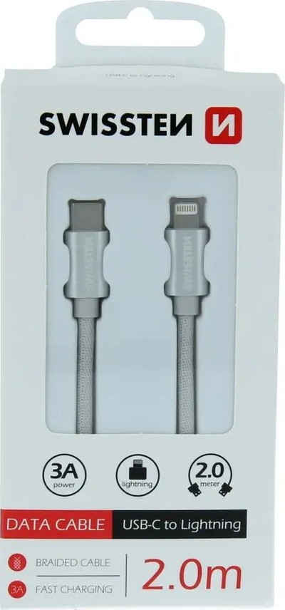 Kabllo të dhënash Swissten USB C në Lightning, 2m, 3A, e zezë