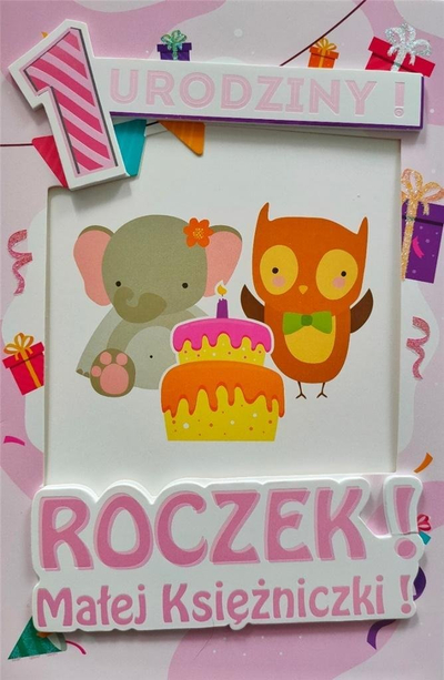 Kartë urimi Yeku First Birthday, për goca, me kornizë foto 18x13 cm, rozë