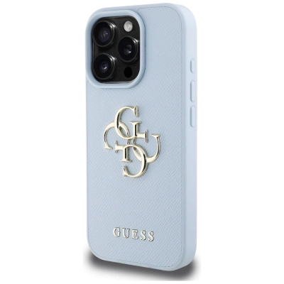 Mbrojtëse telefoni Guess 4G për iPhone 16 Pro, lëkurë eko blu e çelët