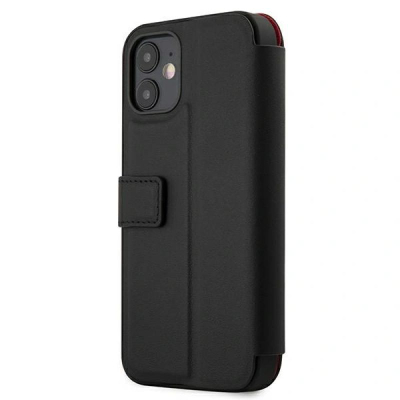Këllëf telefoni Ferrari Off Track për iPhone 12 Mini, lëkurë natyrale, tip book, i zi
